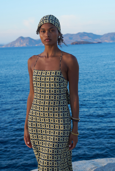 St Tropez Dress - Navy/Gold Link Geo