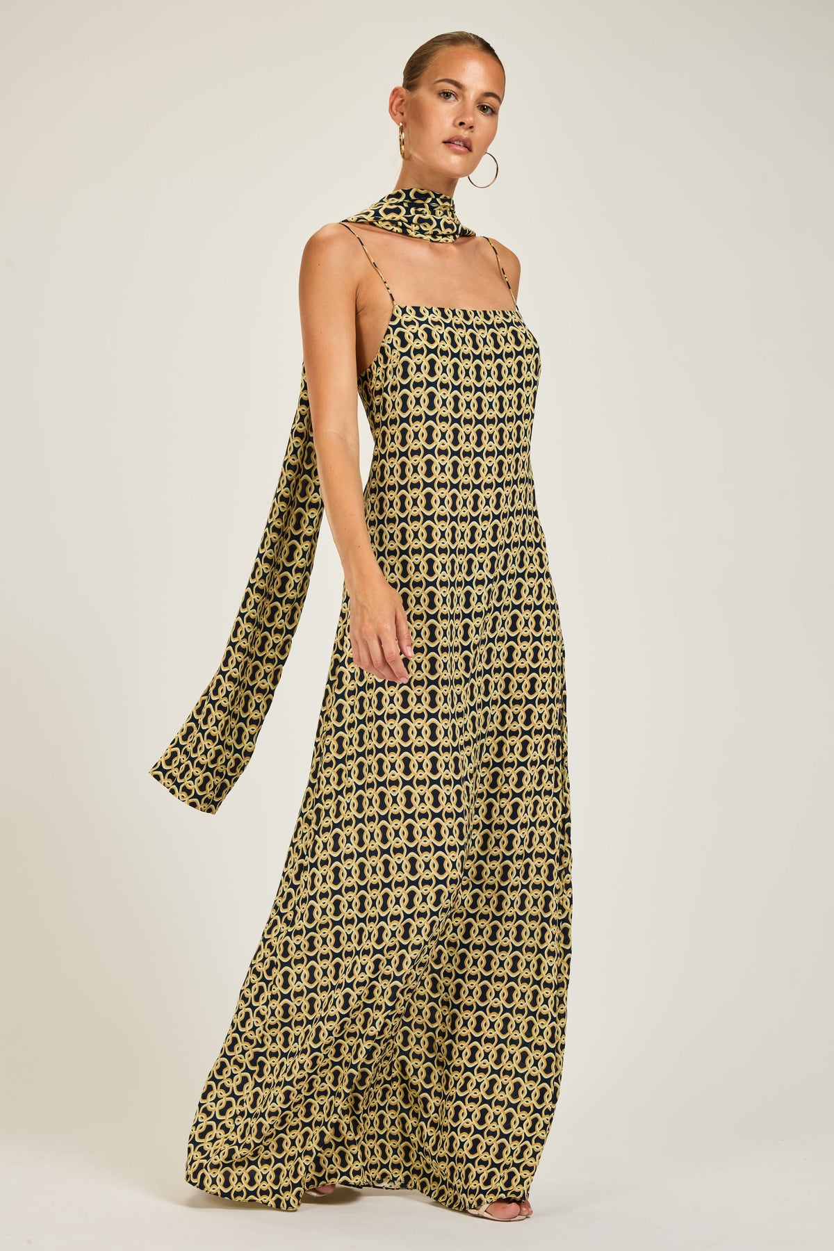 St Tropez Dress Navy Gold Link Print